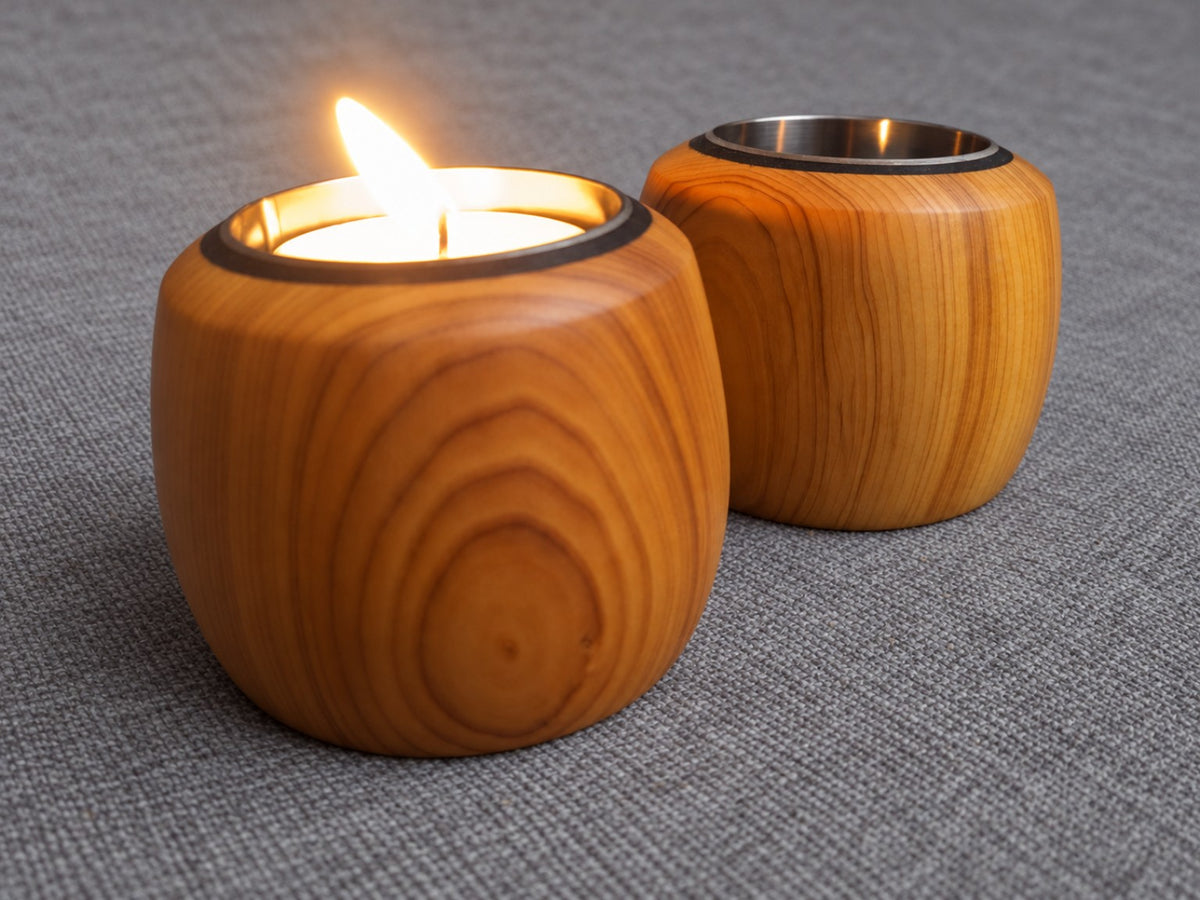Two yew tealight holders with one candle lit, showing varied natural grain